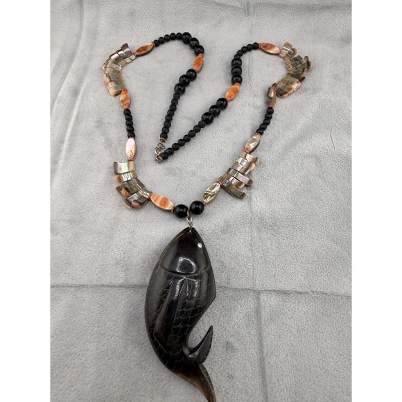 Vintage Koi Fish Necklace Black Carved Pendant Sterling 30